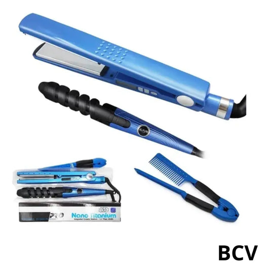 Kit Plancha De Cabello Y Rizadora Combo Nano Titanium Peine