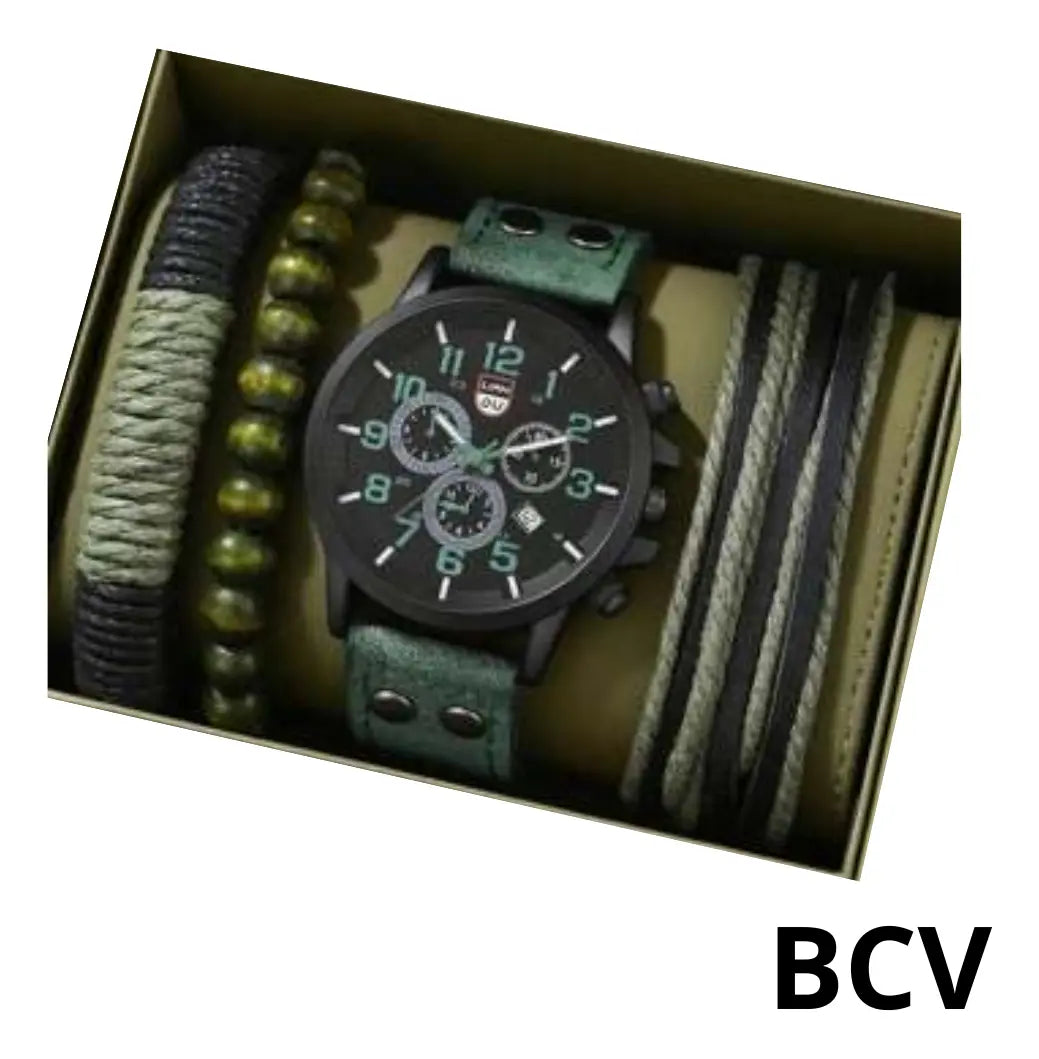 Set Reloj Caballero 3 Pulseras Semi Cuero Analogico Ajustable