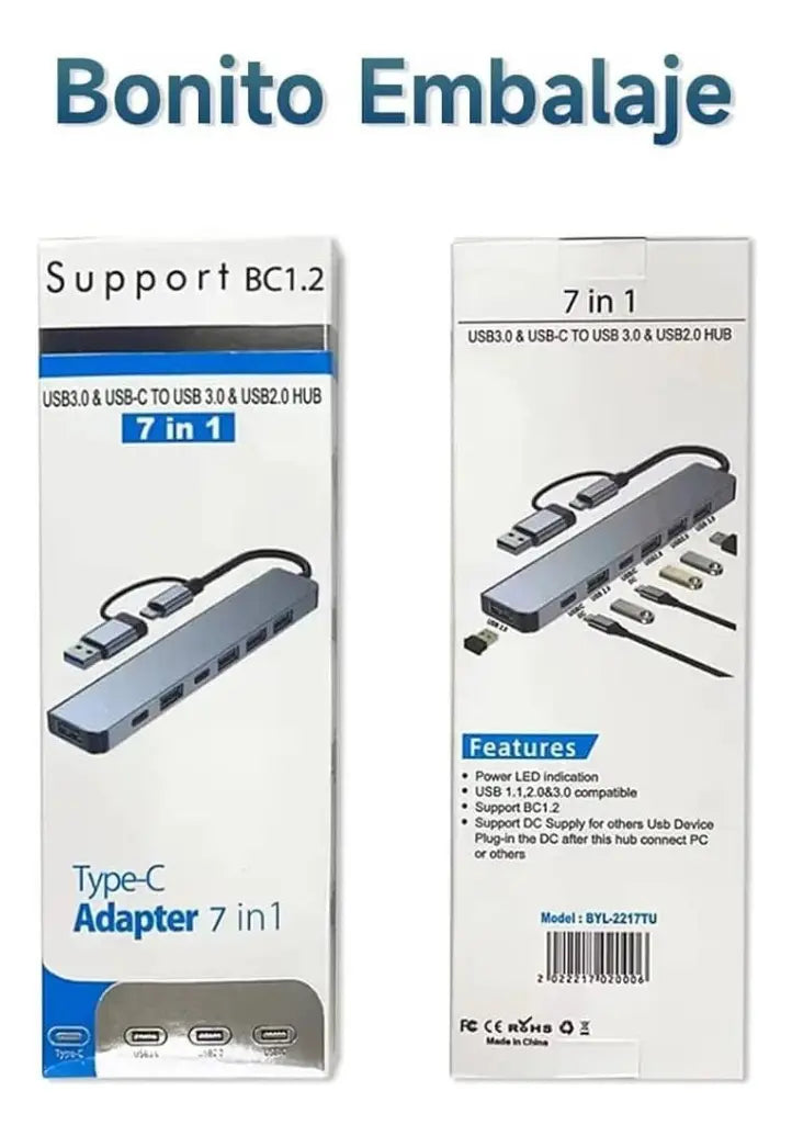 Hub Adaptador Multipuertos 7en1 Usb Tipo C 3.0 2.0 Aluminio