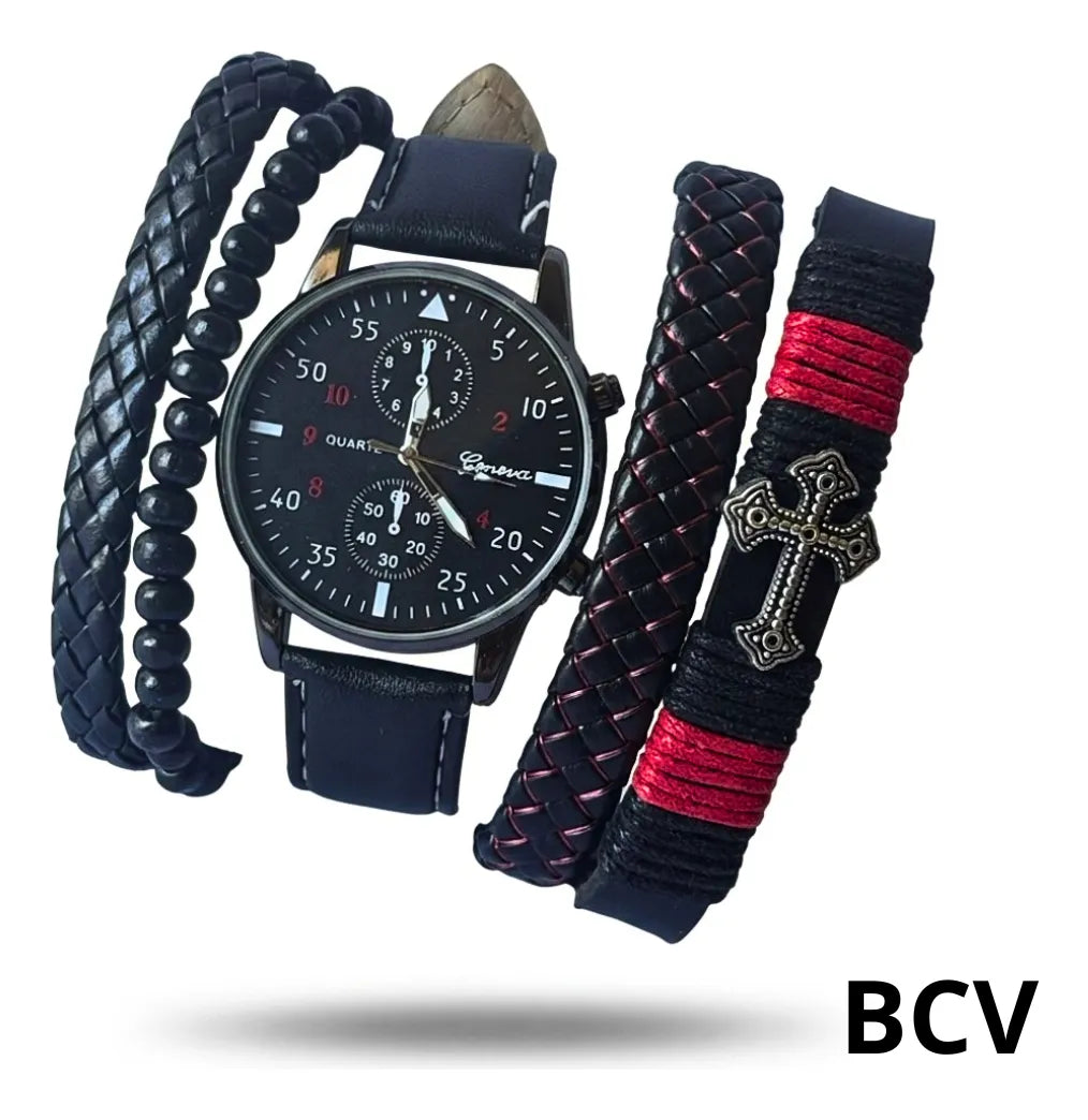 Set Reloj Caballero Pulseras Semi Cuero Ajustable Analogico