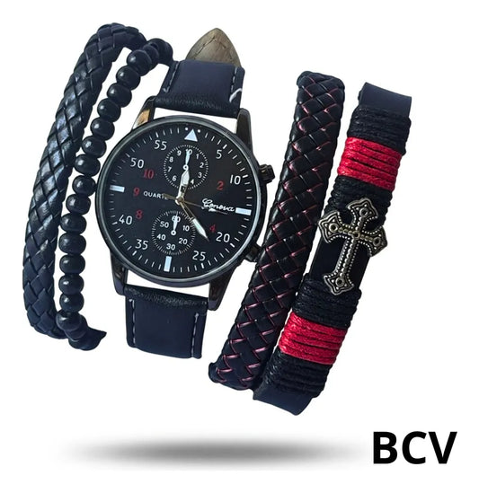 Set Reloj Caballero Pulseras Semi Cuero Ajustable Analogico