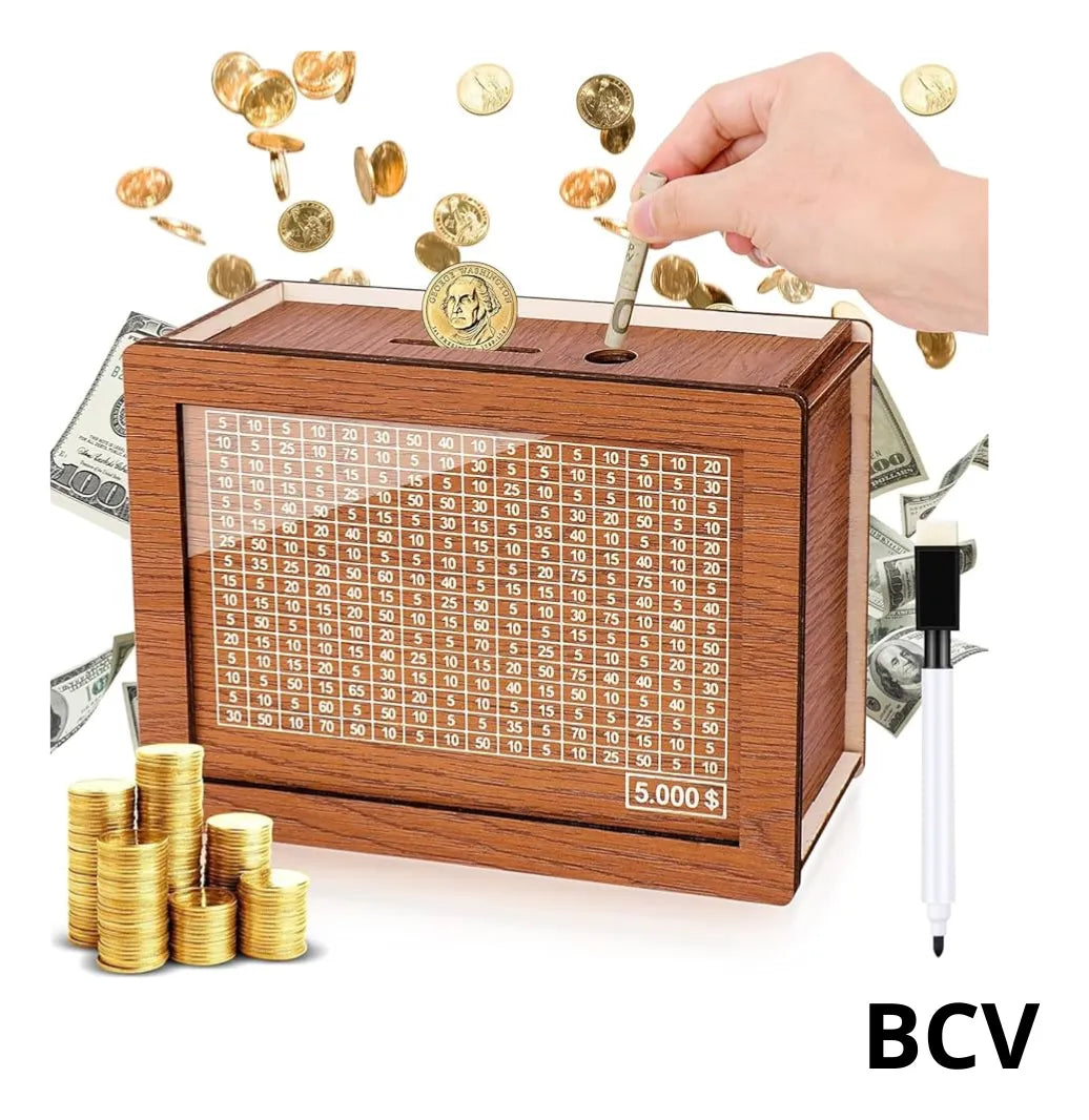 Caja Alcancia Plan De Ahorro De Dinero 5000 Madera Borrable