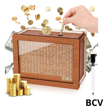 Caja Alcancia Plan De Ahorro De Dinero 5000 Madera Borrable