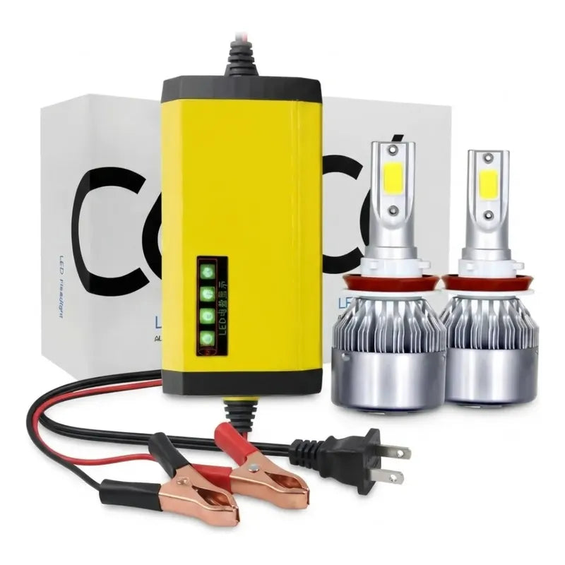 Bombillos Led Luz Faro + Cargador Batería Moto 12v Kit Carro