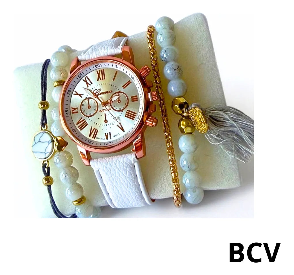Set Reloj Analogico Dama Pulseras Semi Cuero Ajustable