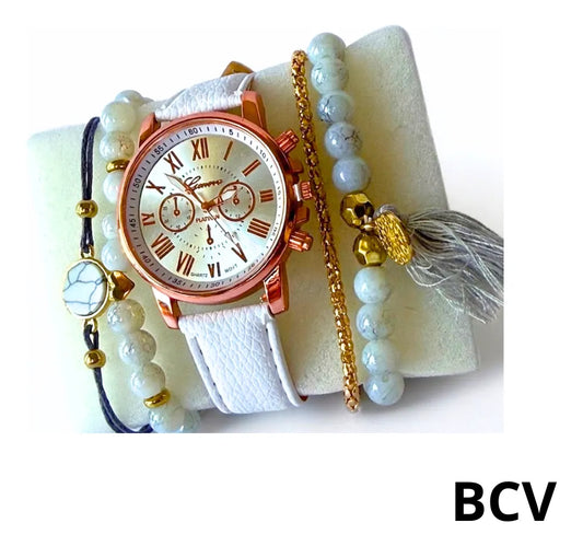 Set Reloj Analogico Dama Pulseras Semi Cuero Ajustable