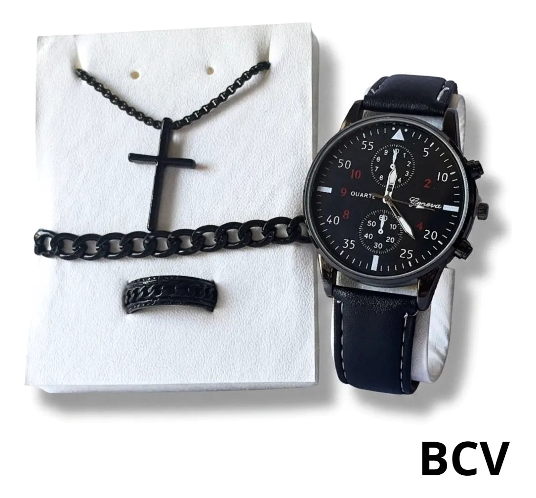 Set Reloj Analogico Caballero Semi Cuero Collar Ajustable