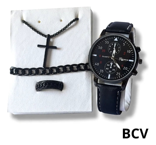 Set Reloj Analogico Caballero Semi Cuero Collar Ajustable