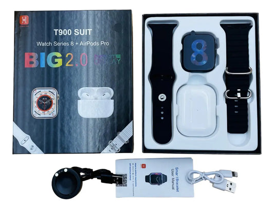 Reloj Inteligente T900 Suit Smatw Bluetooth 45mm + Audifonos