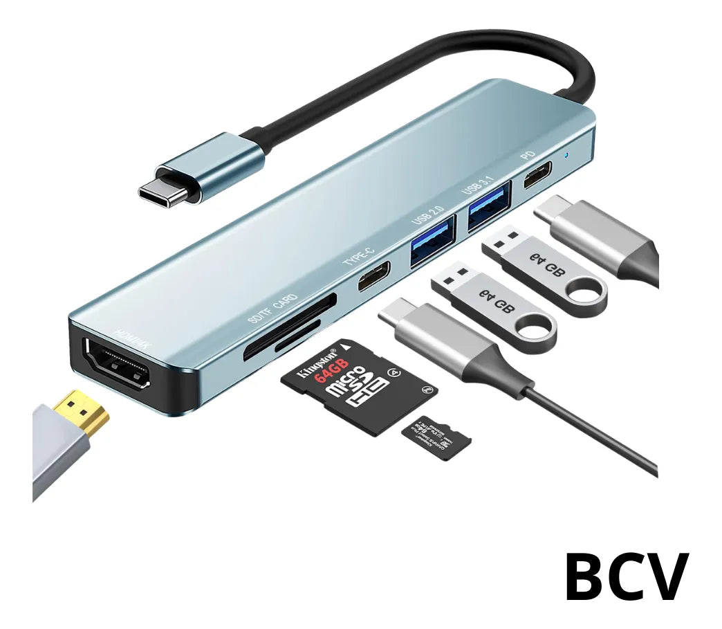 Hub Adaptador Multipuertos 7en1 Usb Tipo C 3.0 3.1 Hdmi 4k