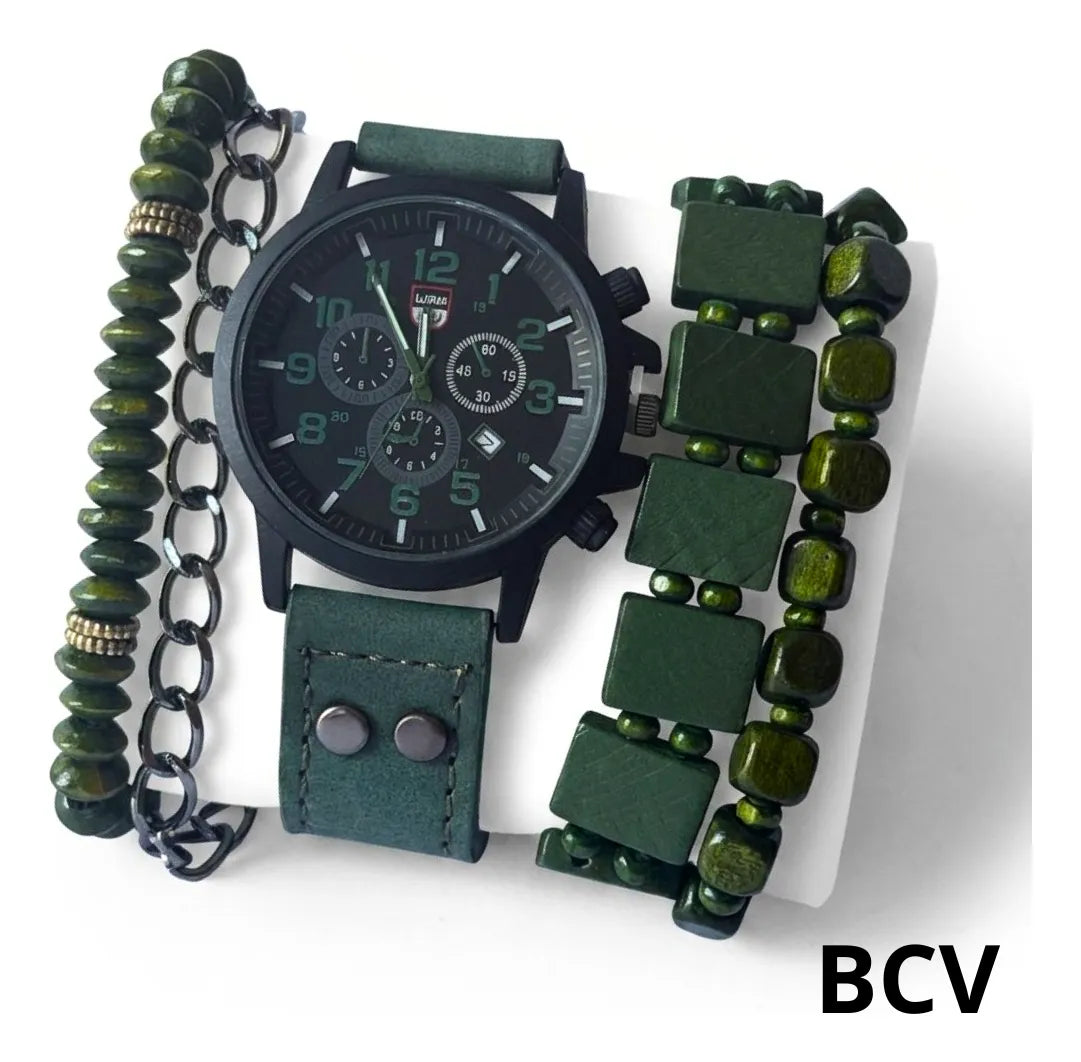 Set Reloj Caballero Pulseras Nylon Ajustable Analogico