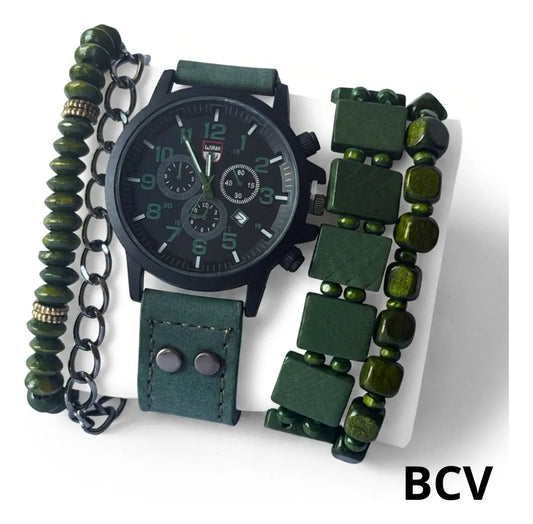 Set Reloj Caballero Pulseras Nylon Ajustable Analogico