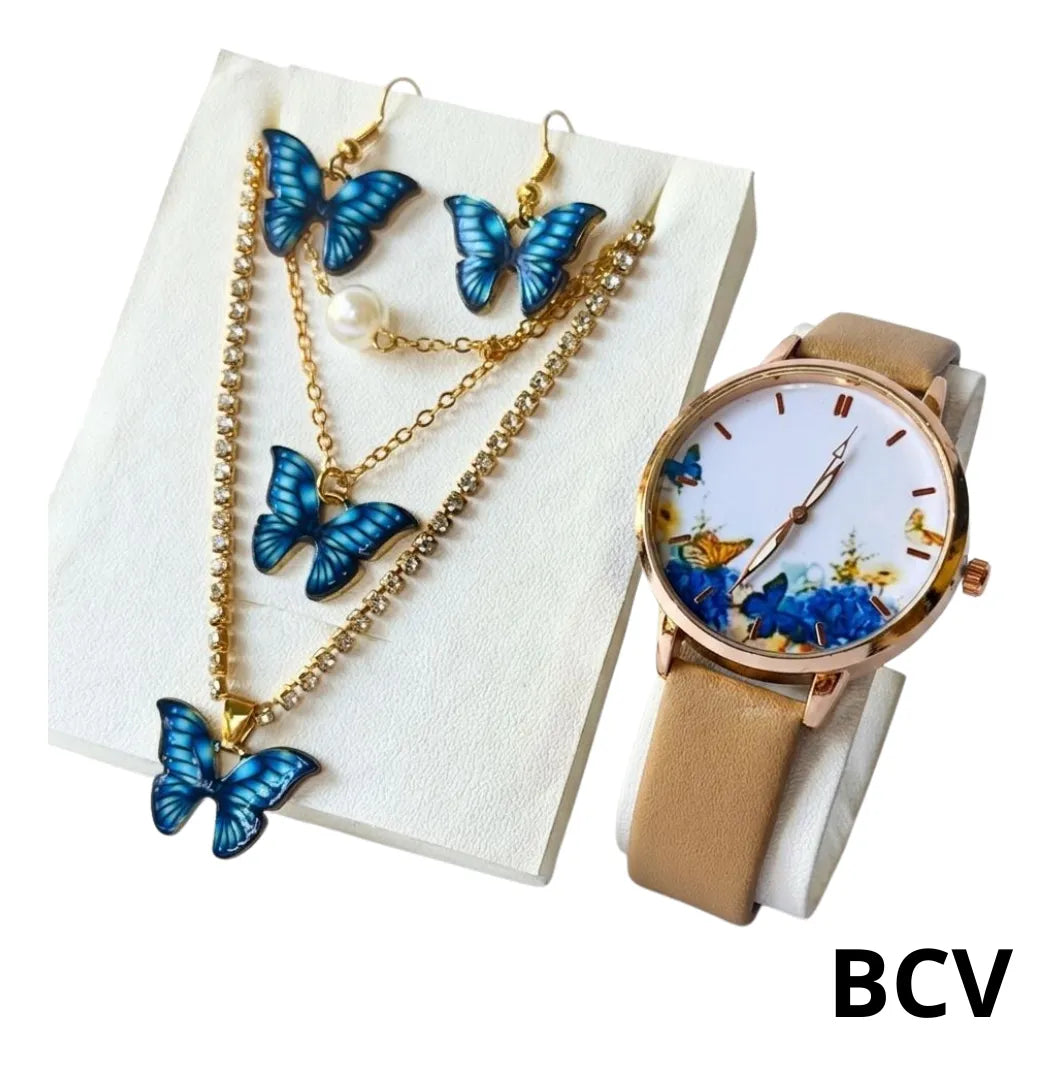 Set Reloj Analogico Dama Collar Semi Cuero Ajustable