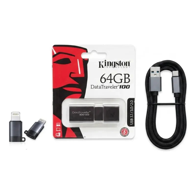 Pendrive 64gb + Adaptador Otg iPhone + Cable De Carga Tipo C