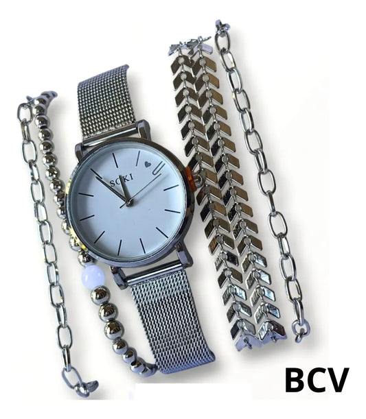 Set Reloj Dama Pulseras Acero Inoxidable Ajustable Analogico