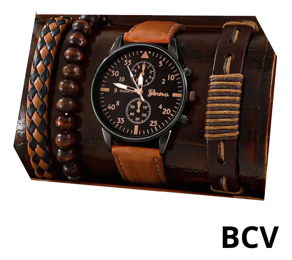 Set Reloj Analogico Caballero Pulseras Semi Cuero Ajustable