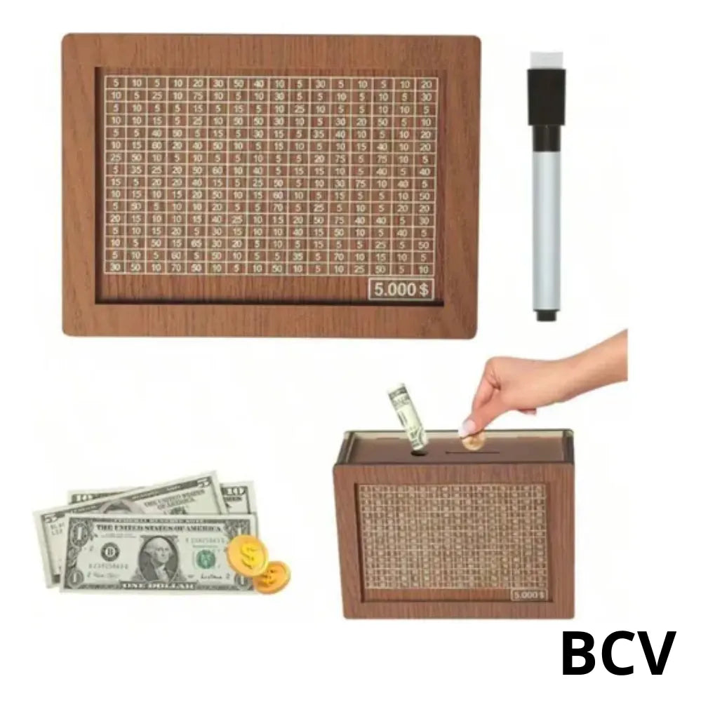 Caja Alcancia Plan De Ahorro De Dinero 5000 Madera Borrable