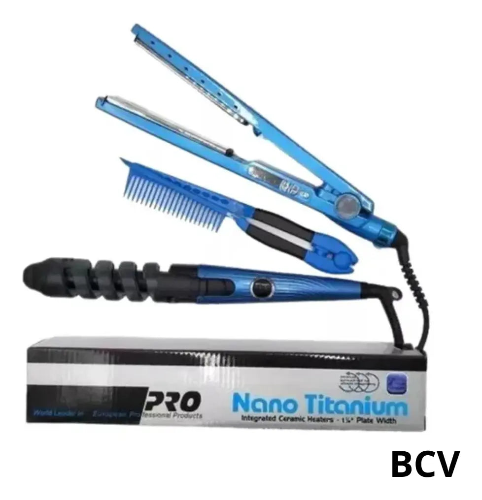 Kit Plancha De Cabello Y Rizadora Combo Nano Titanium Peine