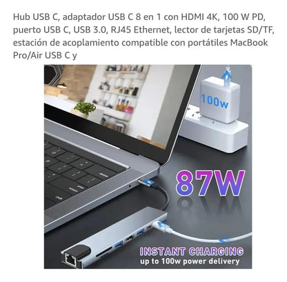 Hub Adaptador Multipuertos 8en1 Tipo C 3.0 Aluminio Conector