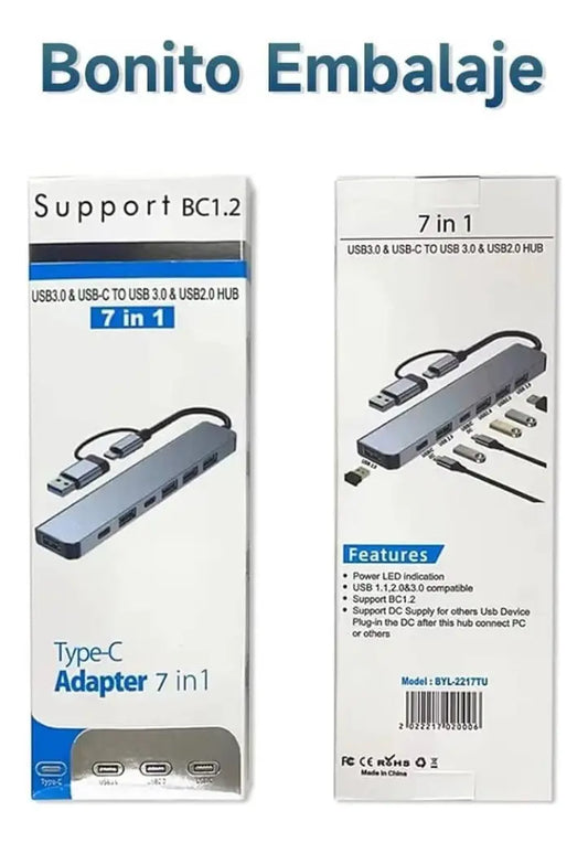 Hub Adaptador Multipuertos 7en1 Usb Tipo C 3.0 2.0 Aluminio